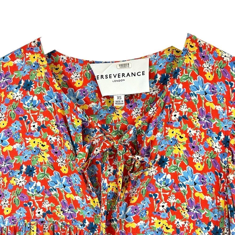 Perseverance London Dress Womens Small Red Floral Boho Cottage Core Tie Gathered - Picture 6 of 13